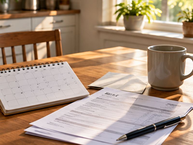 A paper bill and calendar on a kitchen table