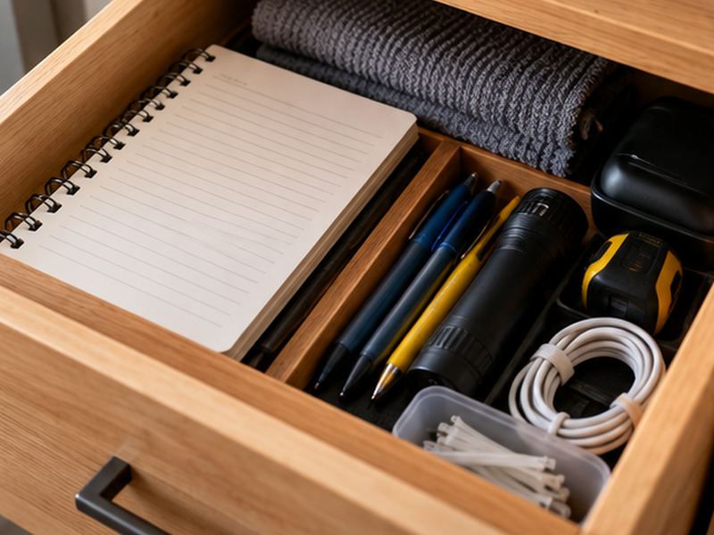 A notebook and everyday items stored in a home drawer